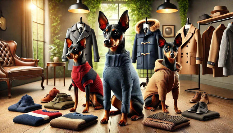 Three Pinscher dogs wearing stylish sweaters in a cozy boutique with coats and shoes