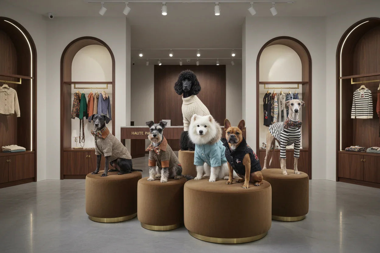 Six dogs of various breeds wearing stylish dog clothes posing on round stools in a modern boutique
