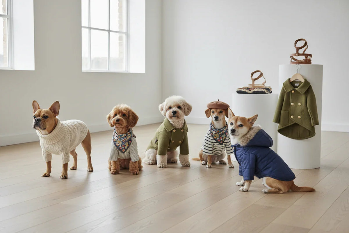 Five small dogs wearing stylish fall and winter dog clothes in a bright room with wooden floor