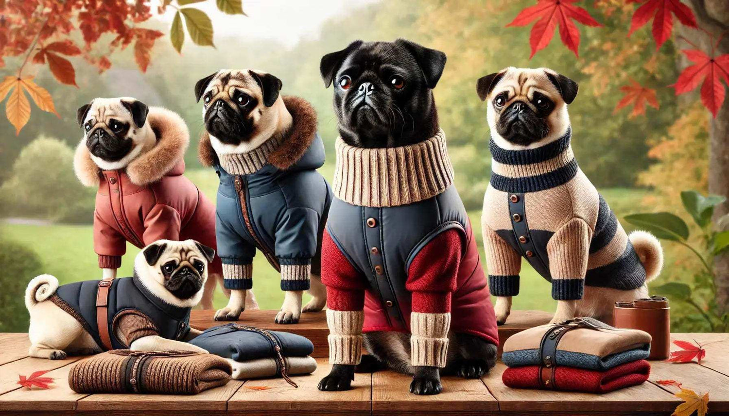 Five pugs wearing stylish fall and winter dog clothes including jackets and sweaters on wooden table with autumn leaves