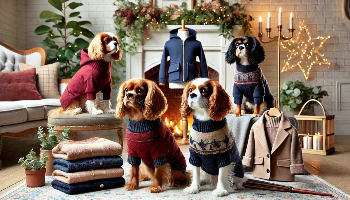 Four Cavalier King Charles Spaniels in cozy sweaters, surrounded by folded dog clothes in a festive living room
