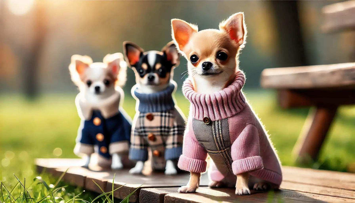Three Chihuahuas wearing stylish knitted sweaters sitting outdoors on wooden planks in soft sunlight