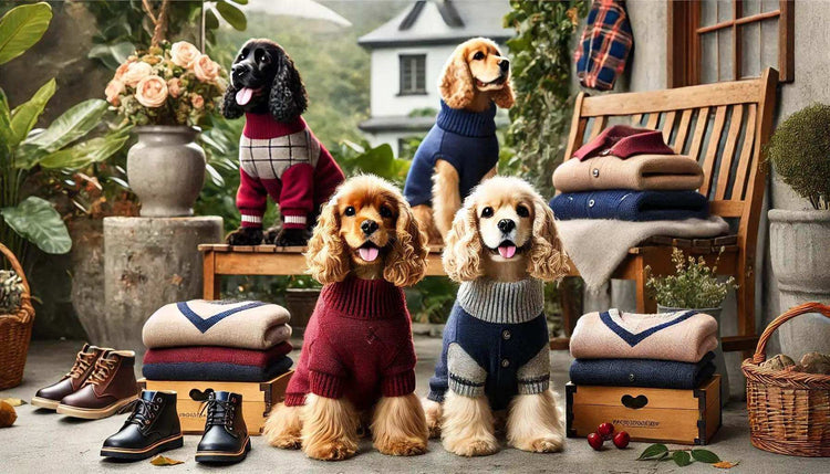 Four cocker spaniels wearing stylish dog sweaters amid cozy fall fashion display with folded clothes and boots