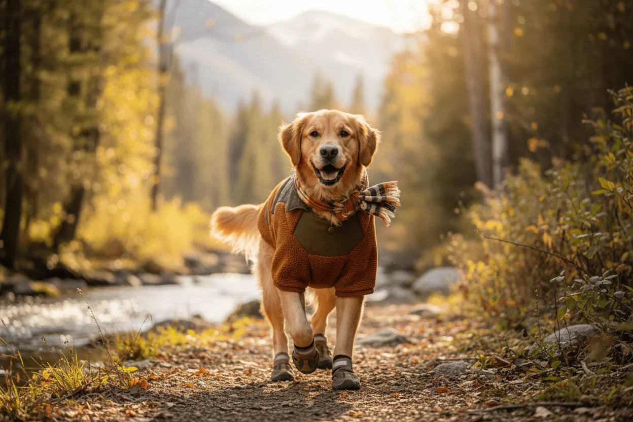 Golden retriever wearing a cozy brown sweater and scarf walking on a forest trail near a river