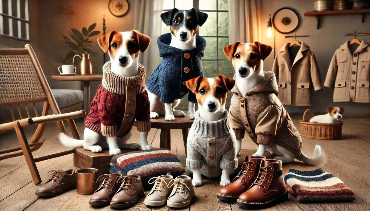 Four Jack Russell Terriers wearing stylish knitted sweaters and jackets indoors with dog shoes and cozy home decor