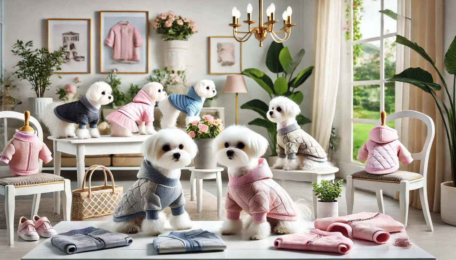 Six Maltese dogs wearing stylish sweaters in a bright room with plants and pink and gray dog clothes displayed