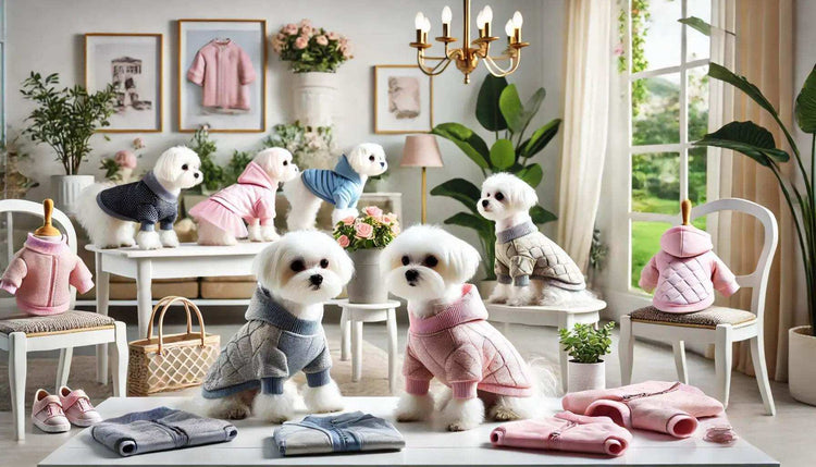 Six Maltese dogs wearing stylish sweaters in a bright room with plants and pink and gray dog clothes displayed