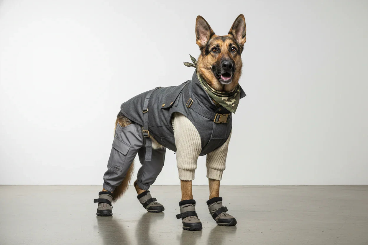 German Shepherd dog wearing black jacket, gray pants, boots, and camouflage bandana against white background