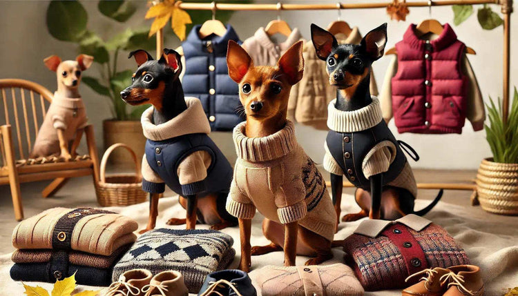 Three miniature pinscher dogs wearing stylish sweaters and jackets surrounded by folded dog clothes and shoes in cozy setting