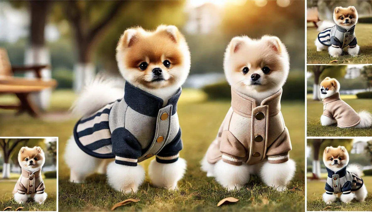 Two Pomeranian dogs wearing cute beige and navy striped winter dog coats outdoors on grass