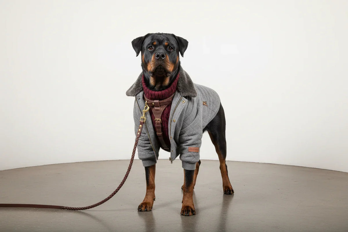 Rottweiler dog wearing a gray quilted jacket and burgundy sweater with leather harness on leash