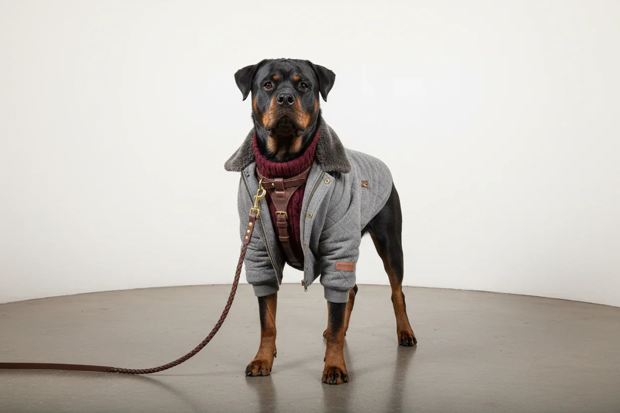 Rottweiler dog wearing a gray quilted jacket and burgundy sweater with leather harness on leash