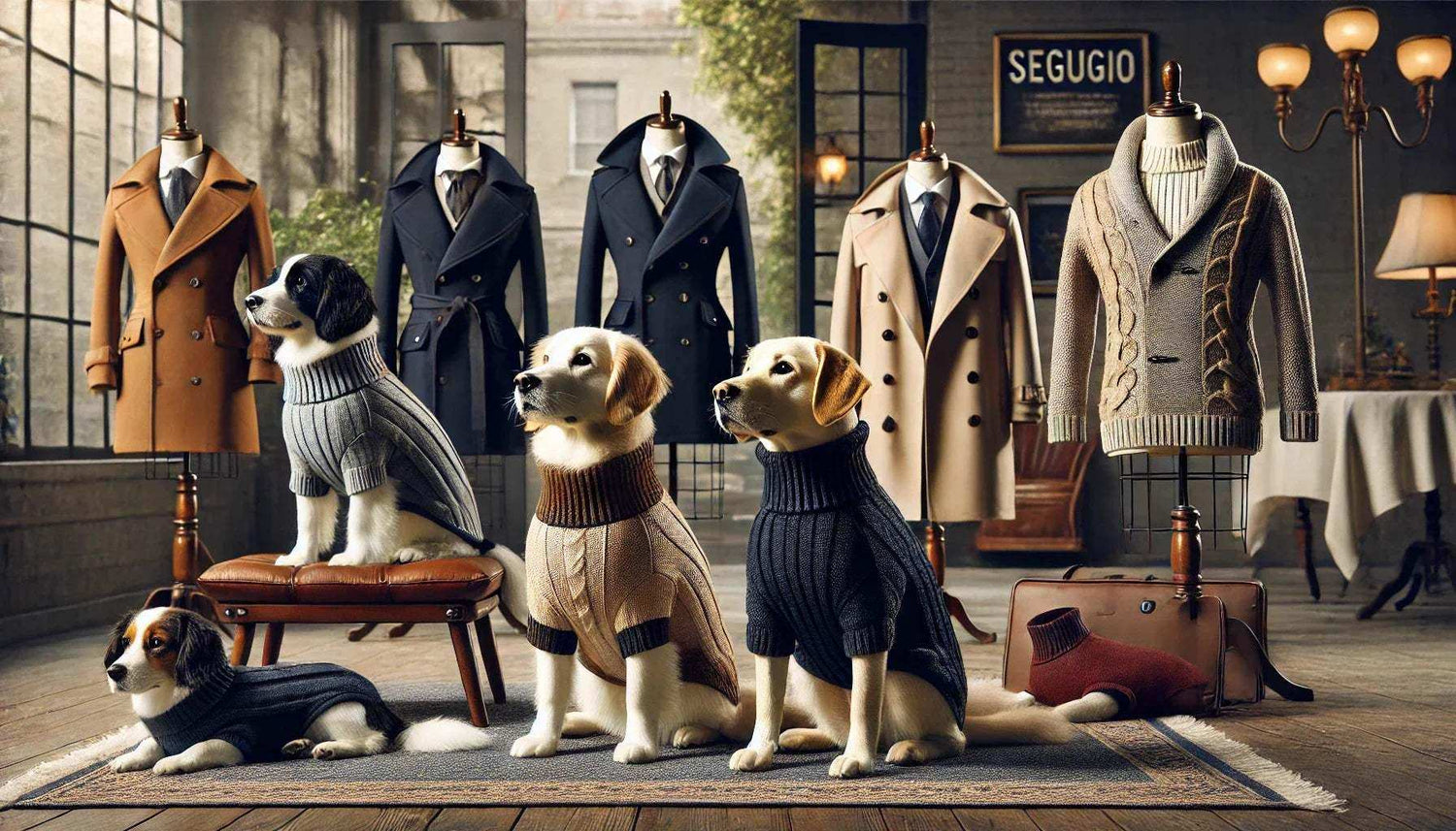Four dogs in knitted sweaters posing in vintage-style room with mannequins wearing coats and sweaters