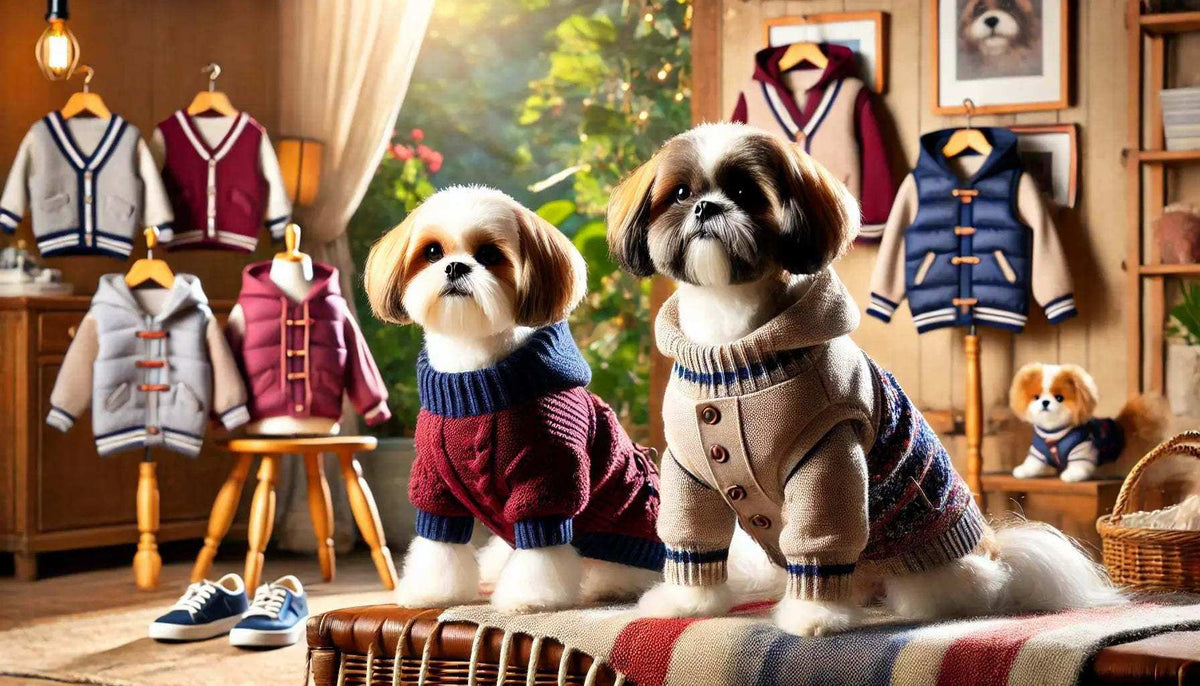 Two Shih Tzu dogs wearing stylish knit sweaters in a cozy room with dog clothes and accessories displayed
