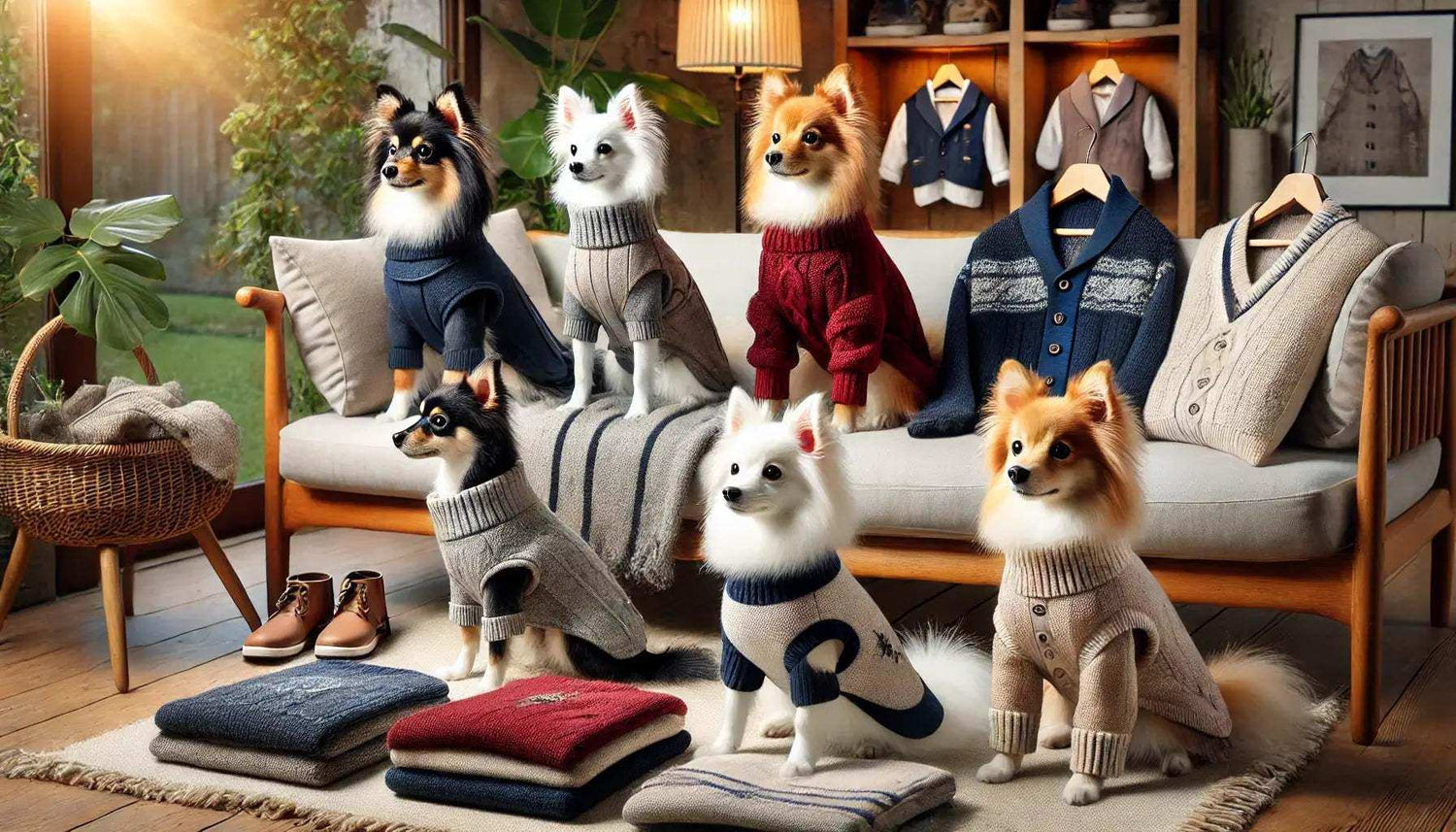 Six small dogs wearing cozy knit sweaters in various colors, seated on a sofa and rug in a stylish living room