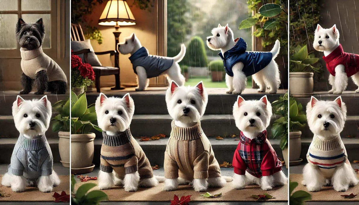 West Highland Terriers wearing assorted cozy sweaters and rain jackets in indoor and outdoor settings with plants and warm lighting