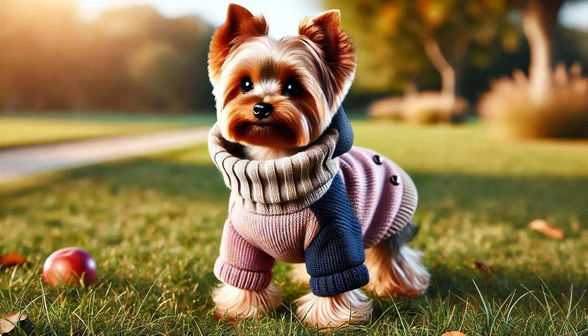 Yorkshire Terrier dog wearing a pink and navy knit sweater outdoors on grass with a red ball nearby