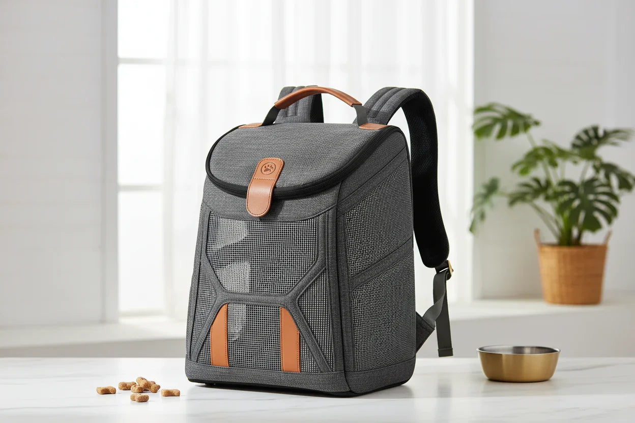 Grey pet carrier backpack with mesh windows and leather accents on white table with plant and bowl