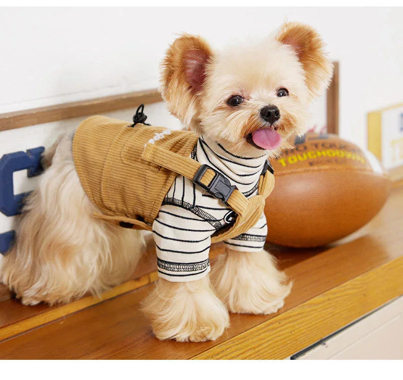 Moosipet Velvet Dog Overalls - Beige Pocket Suspenders