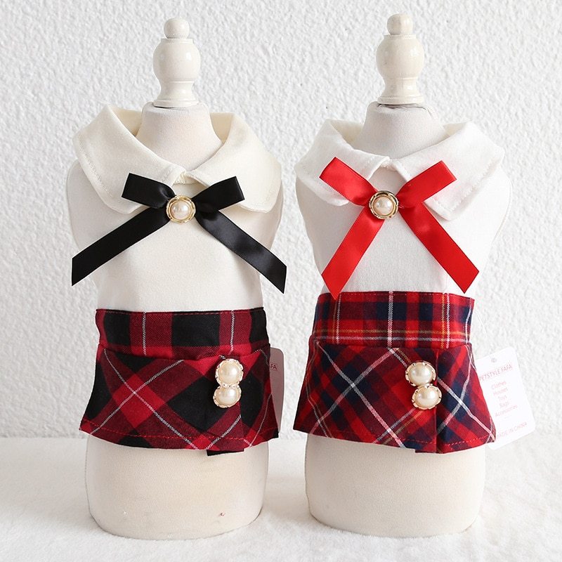 "Perla" dog dress with bow and tartan skirt | DogModa
