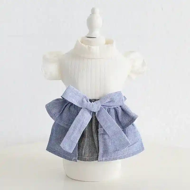 Cotton Linen Denim Blue Flounced Sleeve Skirt Pet Clothes by Dog Moda