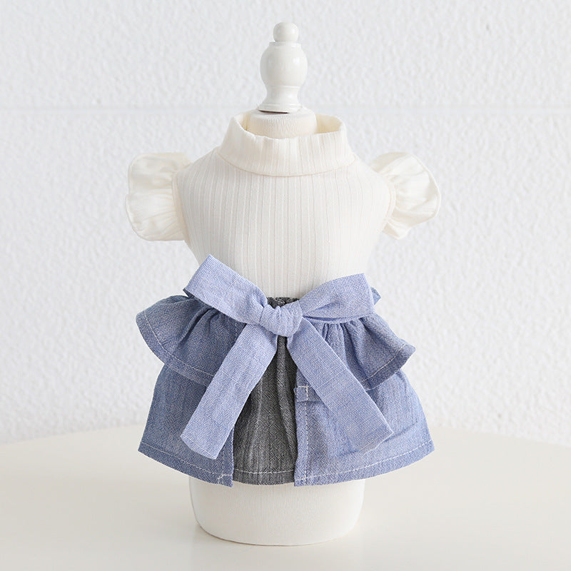 Cotton Linen Denim Blue Flounced Sleeve Skirt Pet Clothes