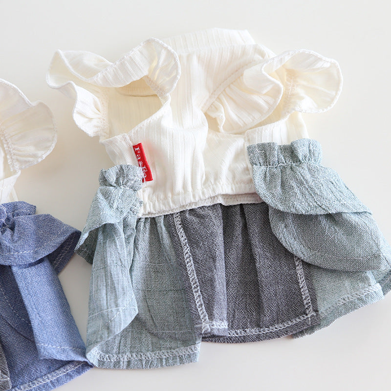 Cotton Linen Denim Blue Flounced Sleeve Skirt Pet Clothes