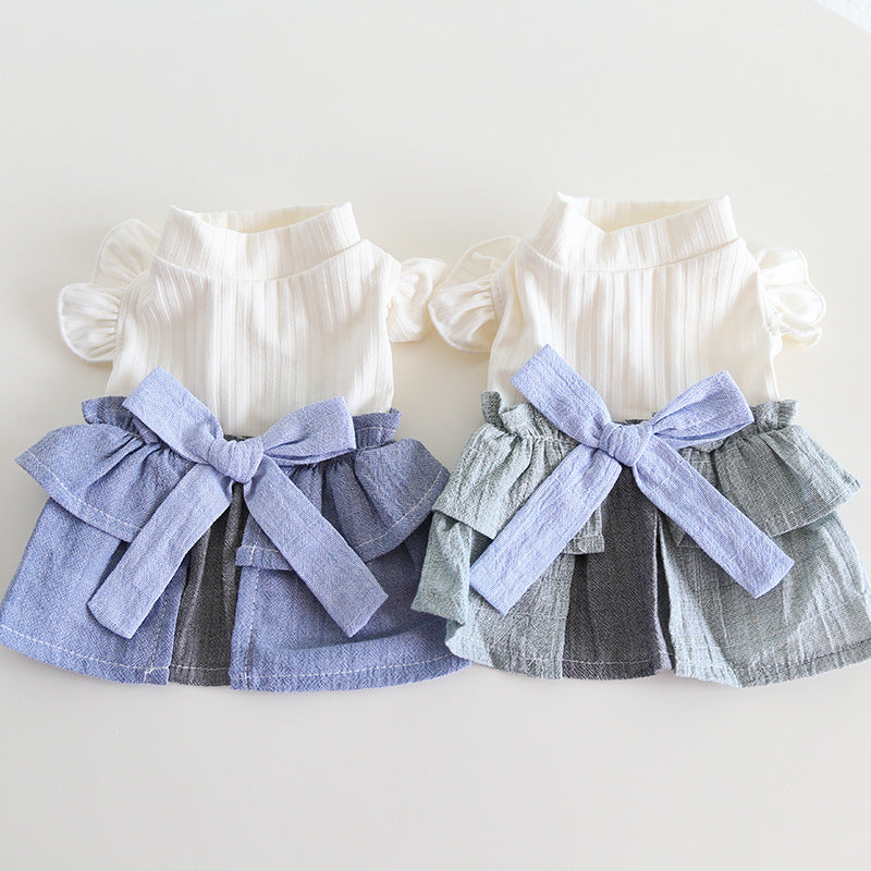 Cotton Linen Denim Blue Flounced Sleeve Skirt Pet Clothes
