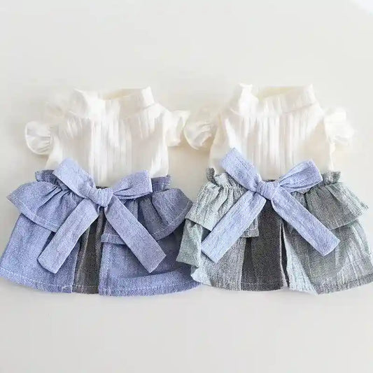 Cotton Linen Denim Blue Flounced Sleeve Skirt Pet Clothes by Dog Moda