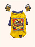 Yellow and purple dog shirt with Japanese design and cartoon dog graphic, beer icons