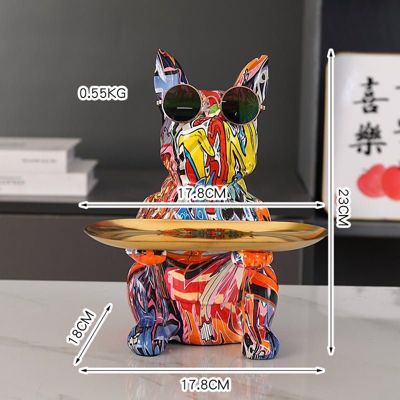 Statua Bulldog Francese in Ceramica con Piatto e Salvadanaio
