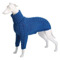 White dog mannequin wearing a blue knitted turtleneck sweater with cable knit design