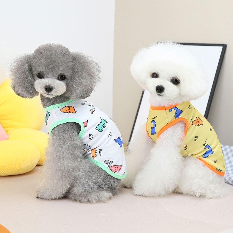 Maglia per cani con stampa dinosauri – colore giallo, blu o bianco