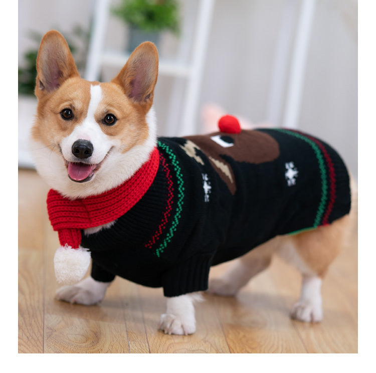 Christmas Dog Sweater with Reindeer Embroidery and Pom Pom Nose – Available in Green and Red