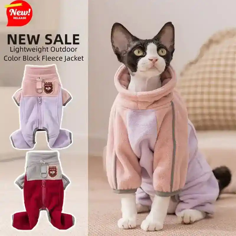 猫用フリースつなぎ - 前面ジッパー付き4本足タイプ