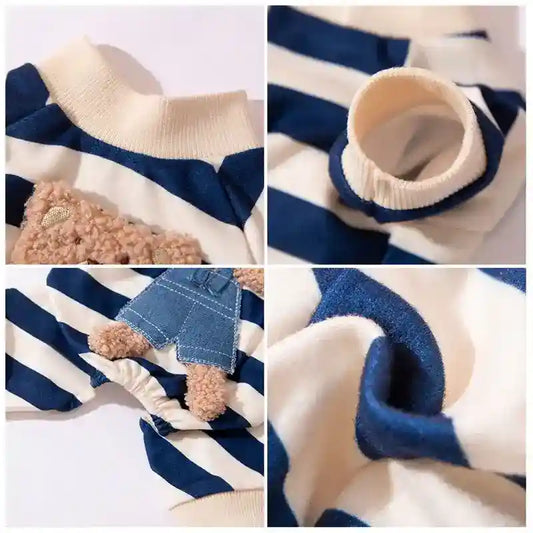 Tutina a Righe con Orsetto per Cani e Gatti - Blu/Marrone by Dog Moda