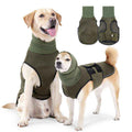 Two dogs wearing olive green dog anxiety vests with neck coverage and adjustable straps, shown front and back