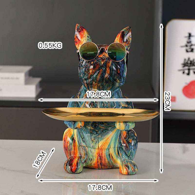 Statua Bulldog Francese in Ceramica con Piatto e Salvadanaio
