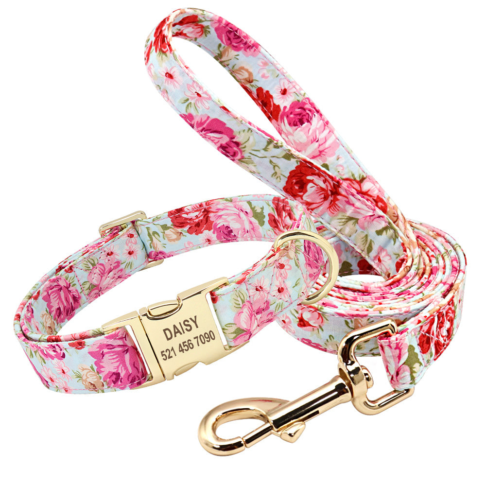 Set Collare e Guinzaglio in Nylon Resistente con Fantasia Floreale e Moschettone in Metallo – Azzurro e Rosa - Dog Moda