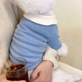 Small white fluffy dog wearing a blue sweater with white collar, held by person in cream knit sweater, glass of iced coffee nearby