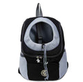 Black and gray mesh pet carrier backpack with circular ventilation opening and adjustable straps
