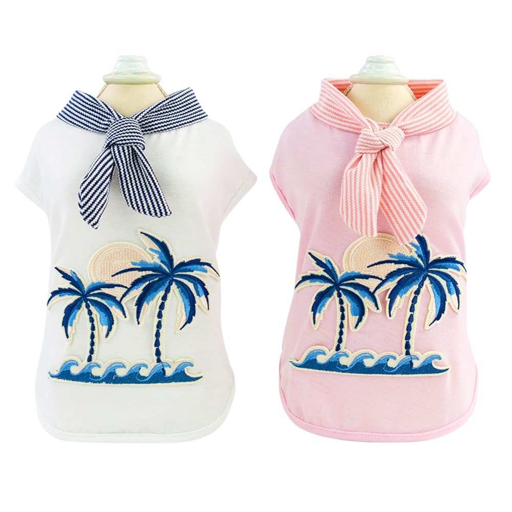 "Honolulu" Cotton Dog T-Shirt with Palm Trees and Scarf Print