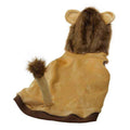 Plush lion costume with brown mane, ears, and tail on tan fabric against white background