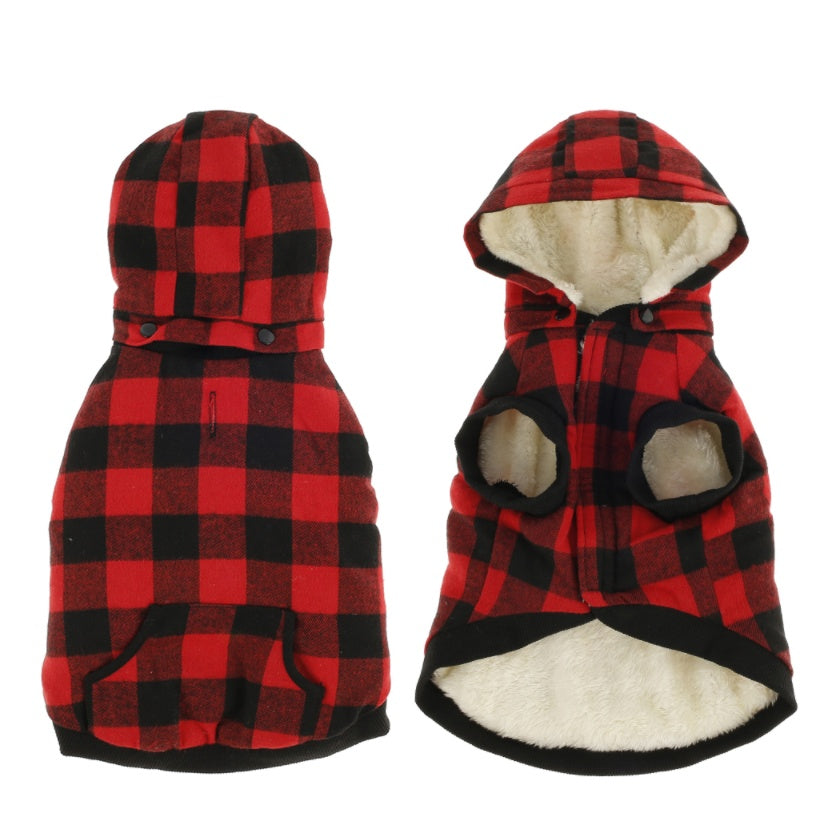 Cappottino per cani fantasia quadretti rosso-nero con cappuccio