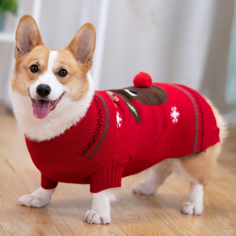 Christmas Dog Sweater with Reindeer Embroidery and Pom Pom Nose – Available in Green and Red