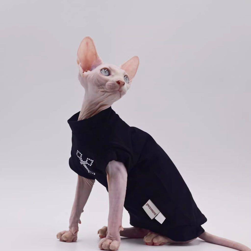Maglia Gatto Sphynx Cotone Croce Strass Nera Elegante