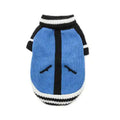 Blue and black knitted dog sweater with white striped collar and hem