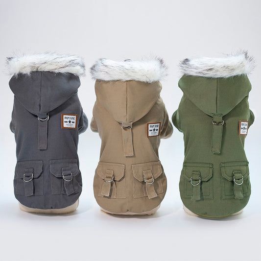 Cappotto per cani con cappuccio in pelliccia antivento