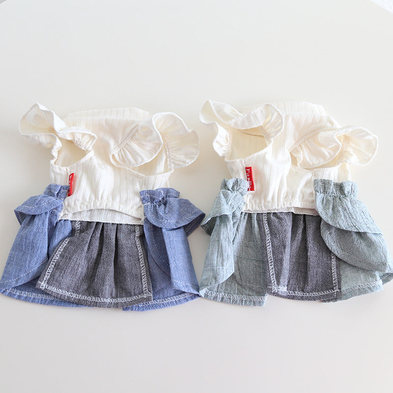 Cotton Linen Denim Blue Flounced Sleeve Skirt Pet Clothes