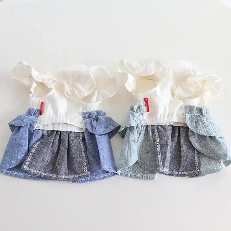 Cotton Linen Denim Blue Flounced Sleeve Skirt Pet Clothes by Dog Moda